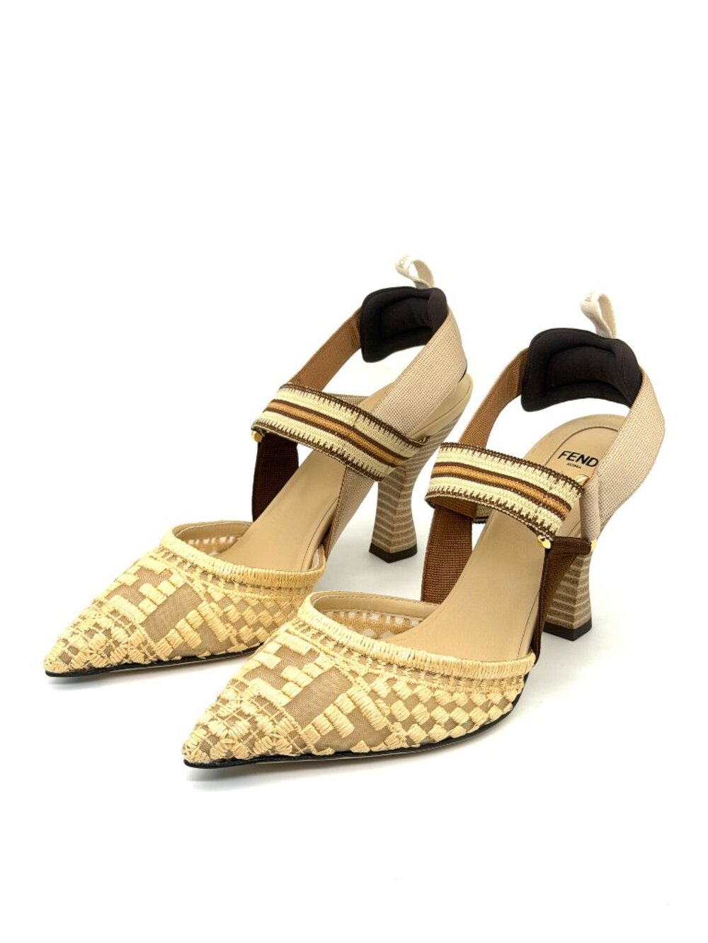 FENDI Colibri 85 Mesh Raffia Sporty FF Logo Slingback Heels Pumps Sandals - Picture 6 of 16